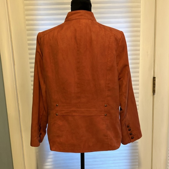 14P Tan Jay Burnt Orange Faux Suede Jacket Metal Buttons Zipper Pockets - Picture 3 of 11